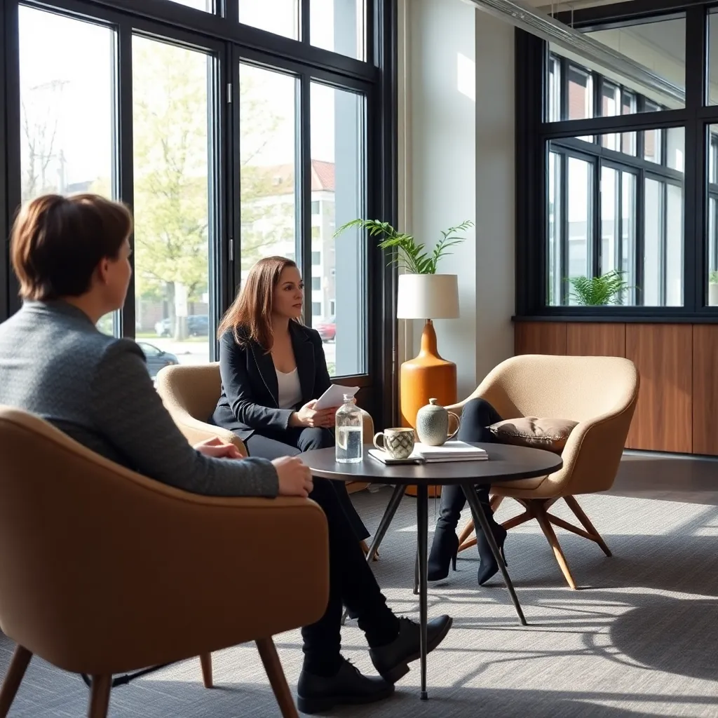 Coach en cliënt in gesprek in professionele coachingsruimte