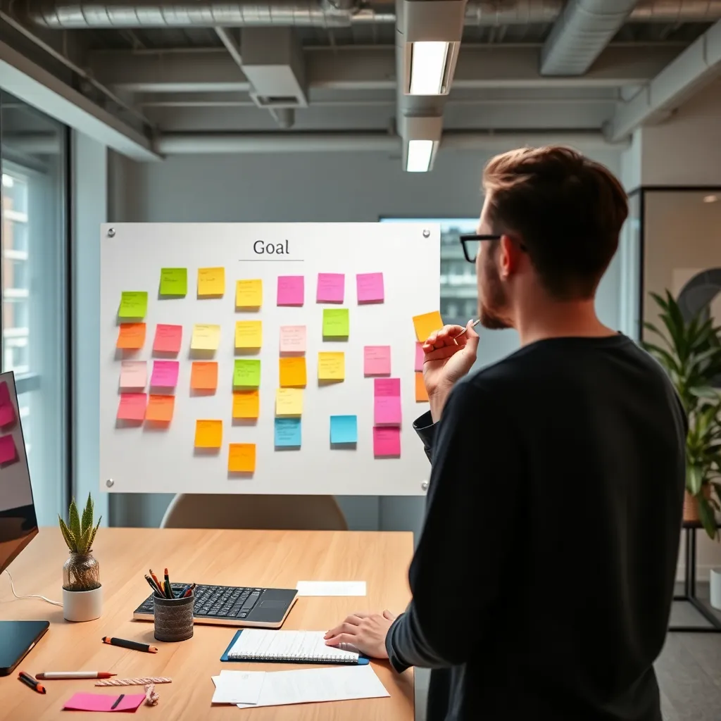 Persoon die een visueel doelenboard maakt met post-its