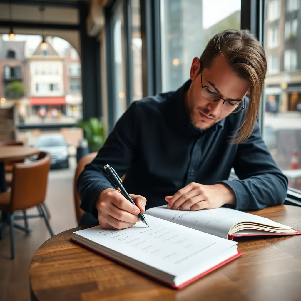 Persoon die doelen opschrijft in een notitieboek met een kopje koffie erbij