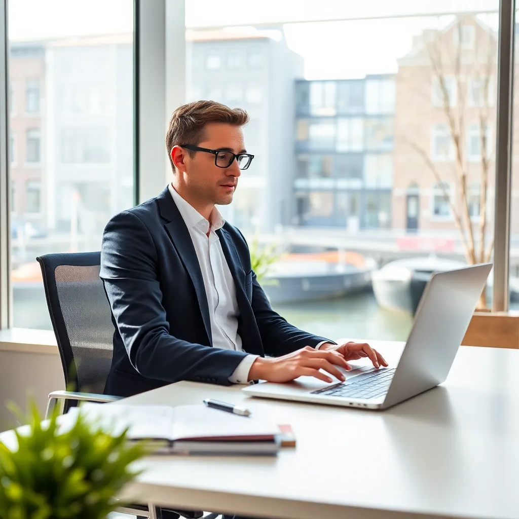 Nederlandse professional die ontspannen werkt in een moderne kantoorruimte met uitzicht op gracht